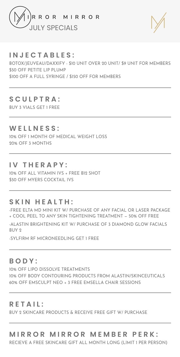 July specials template of Mirror Mirror Aesthetics and Wellness in Tucson, AZ
