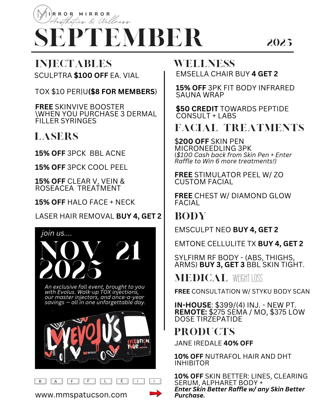 Service menu flyer with treatment options and pricing at Mirror Mirror Aesthetics and Wellness in Tucson, AZ